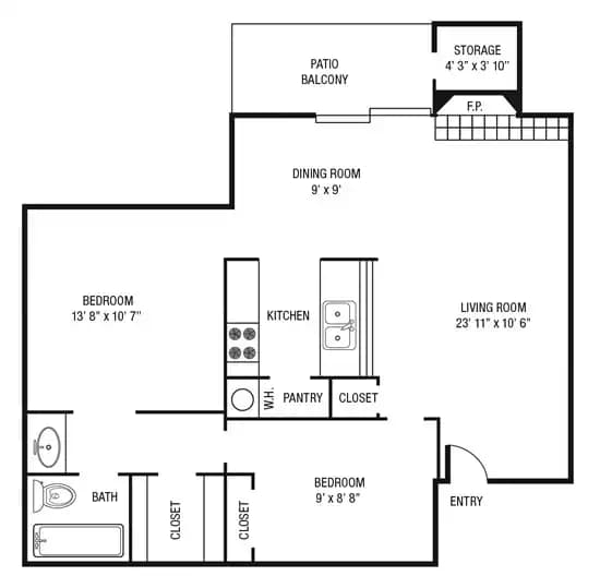 2 Bedroom 1 Bath 403 floor plan