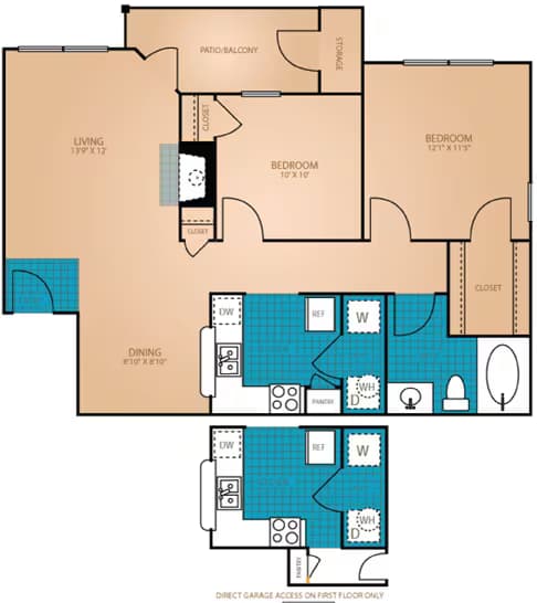2 Bed, 1 Bath 4-438 floor plan