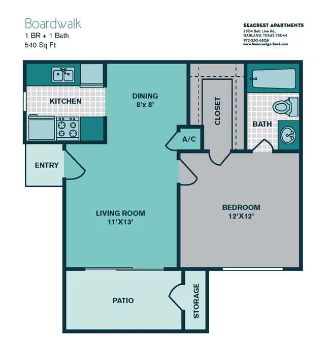 1 Bedroom A1 - 540sqft - BOARDWALK 1904P floor plan