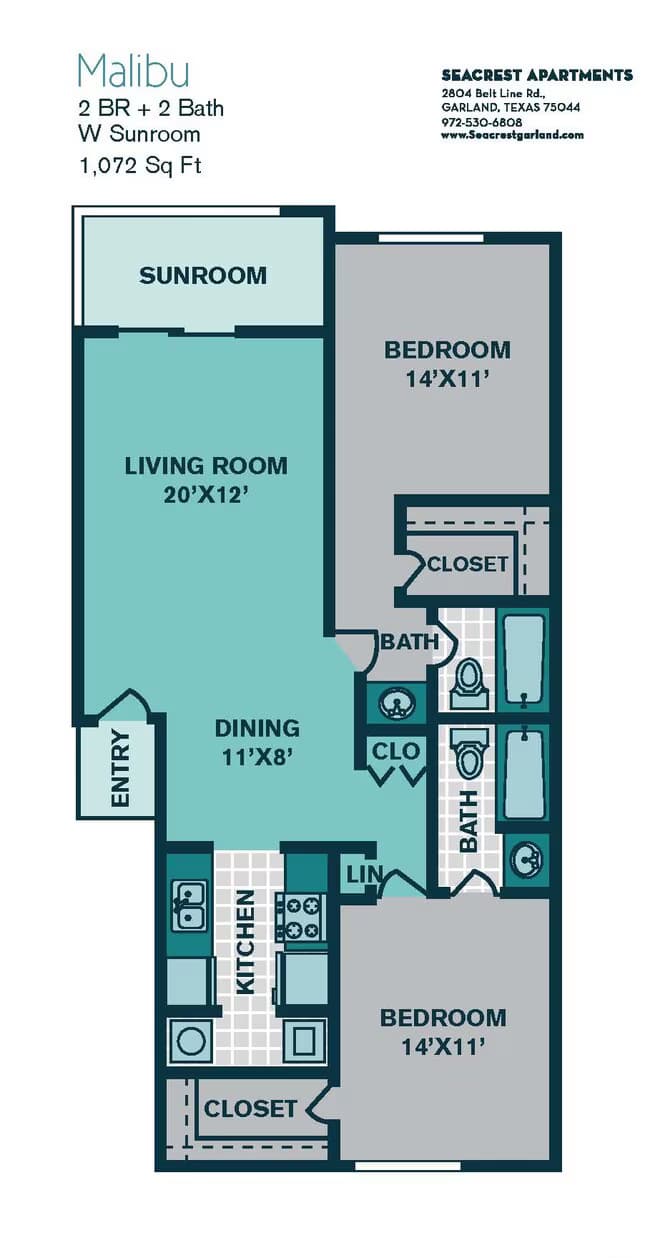 2 Bed 2 Bath B4 - 1072sqft - MALIBU 1811P floor plan