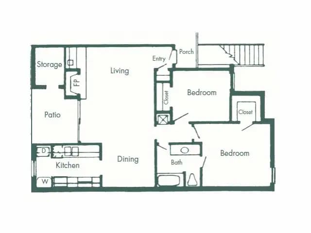Two Bed One Bath Upgraded 0304 floor plan
