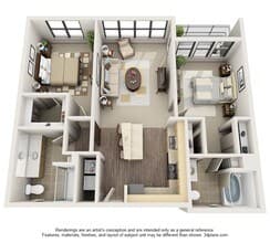 2 Beds • 2 Bath 1-130 floor plan
