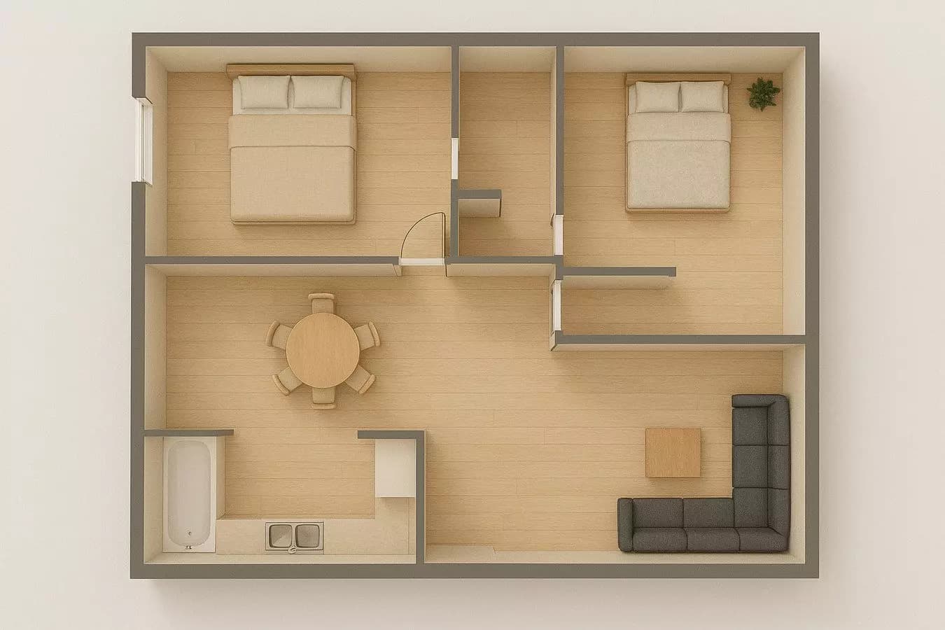 2 Beds, 1 Bath Model floor plan