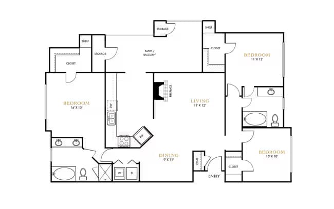 3 Bedroom 2 Bath 16301 floor plan
