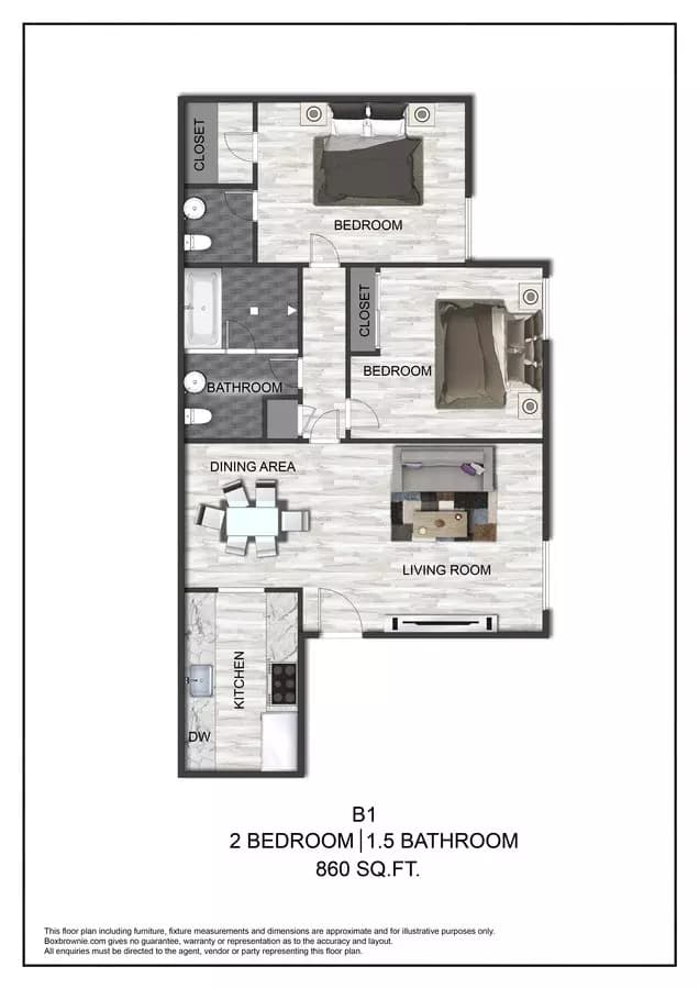 2 Beds • 1 Bath 117 floor plan
