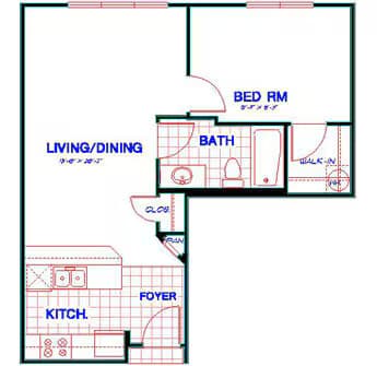 Traditional 1x1 529-913 SF 3936 floor plan