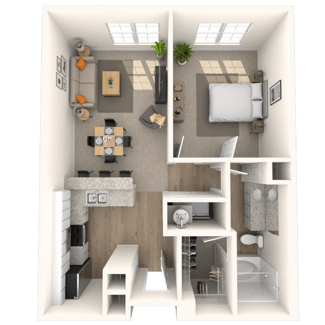 Traditional 1x1 633-1044 SF 2520 floor plan