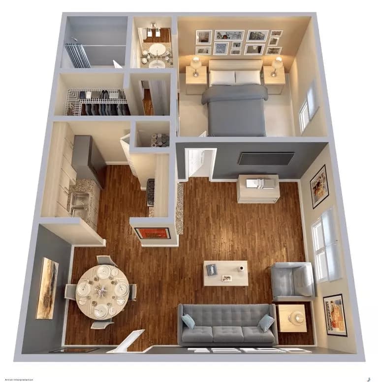 1 Bedroom, 1 Bathroom, 721 SQFT 822 floor plan