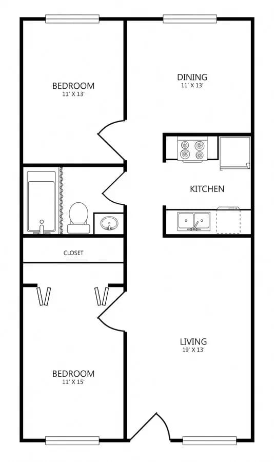 2 Beds • 1 Bath WAITEVB1 floor plan