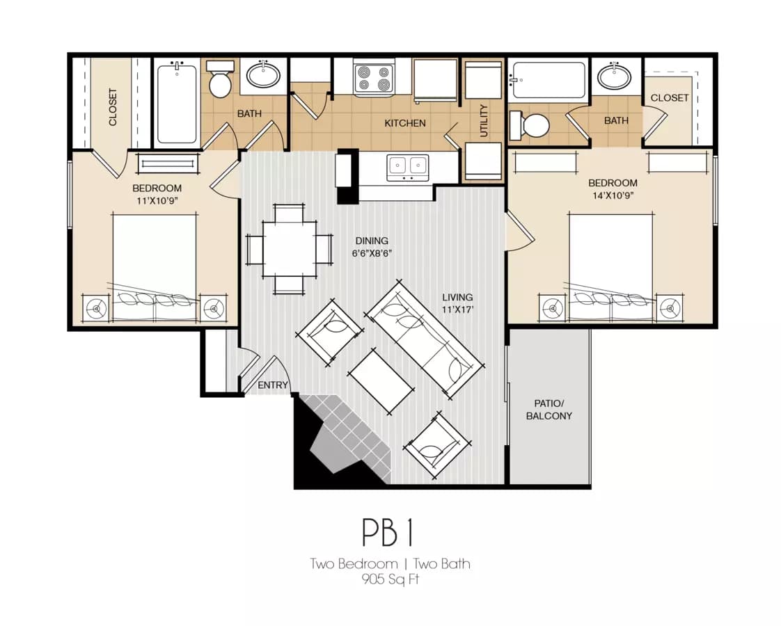 2 Beds • 2 Bath 14P-1401 floor plan