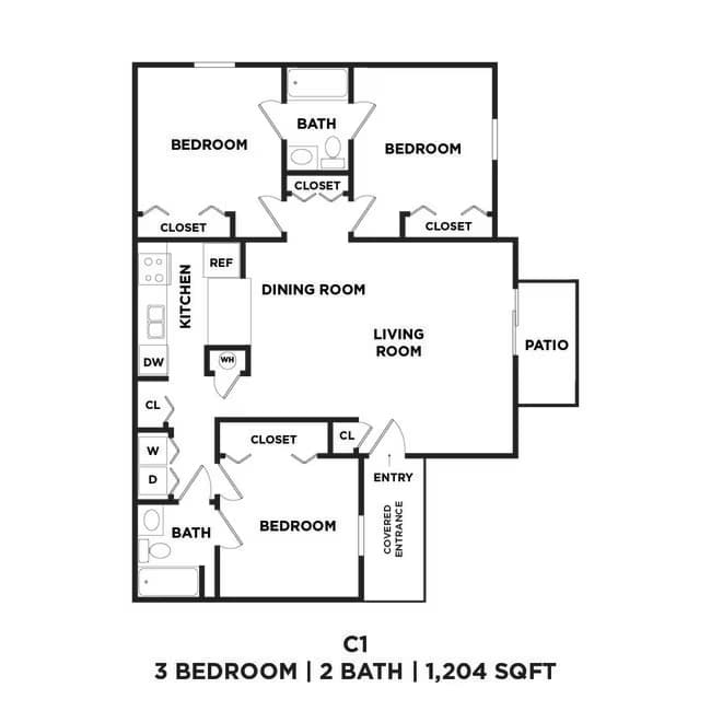 Three Bed Two Bath 1204 Sqft 04-408 floor plan
