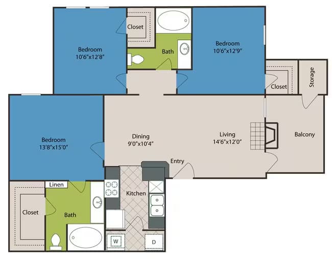 3 bedroom 2 bathroom 1181 sq ft 1512 floor plan
