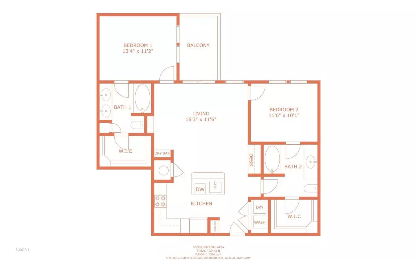 2 Beds • 2 Bath B1 floor plan