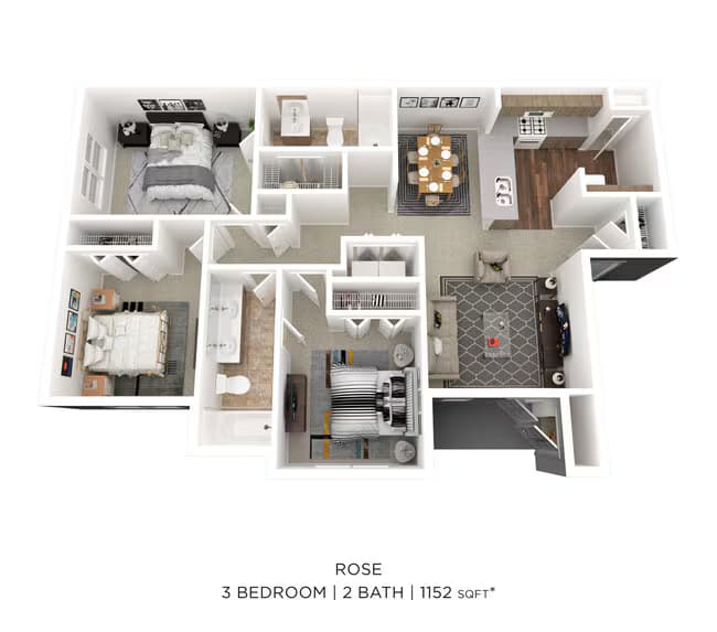 Three Bedroom 2 Bath - 1,152 sqft 32-3221 floor plan