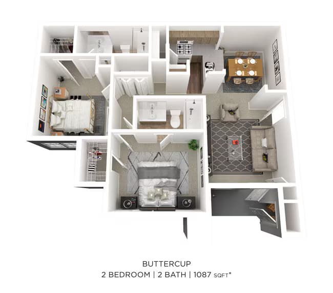Two Bedroom 2 Bath - 1,087 sqft 41-4124 floor plan