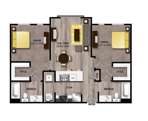 2 Beds • 2 Bath 438 floor plan