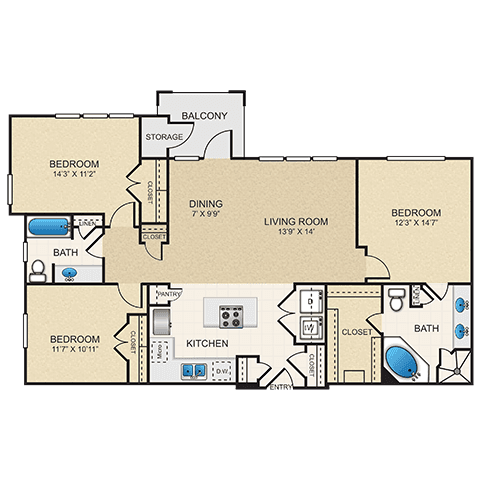 3 Beds • 2 Bath 09308 floor plan