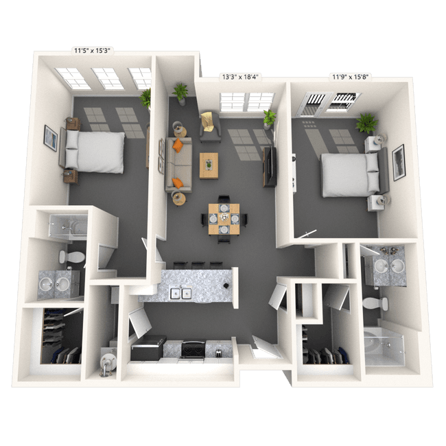Traditional 2x2 1008-1142 SF 2250 floor plan