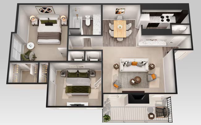 2 Bedroom 2 Bath 1216 floor plan