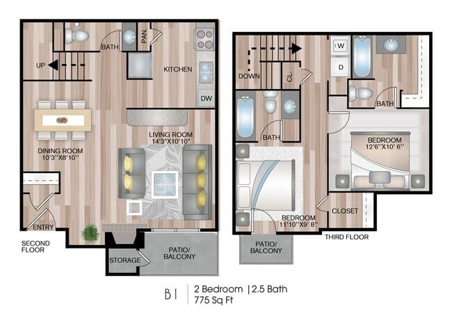 2 Beds • 1 Bath 1729E floor plan