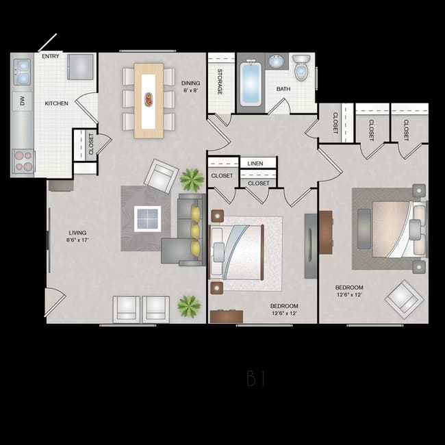 2 Bedroom 1 Bathroom 1305A floor plan