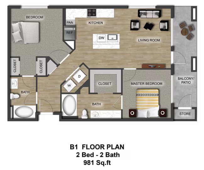 2 Bedroom 2 Bathroom C325 floor plan