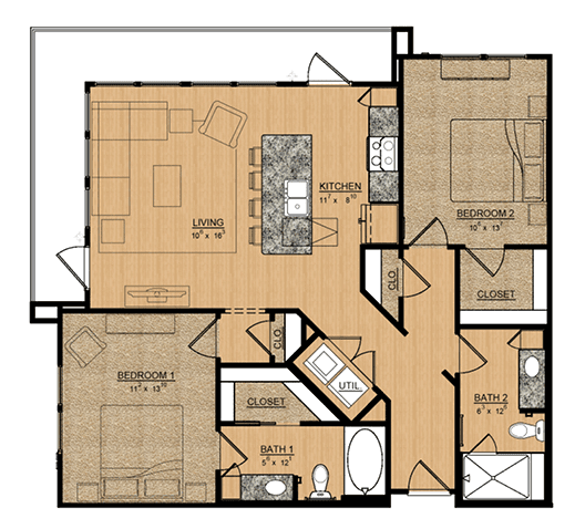 2 Beds • 2 Bath 314 floor plan