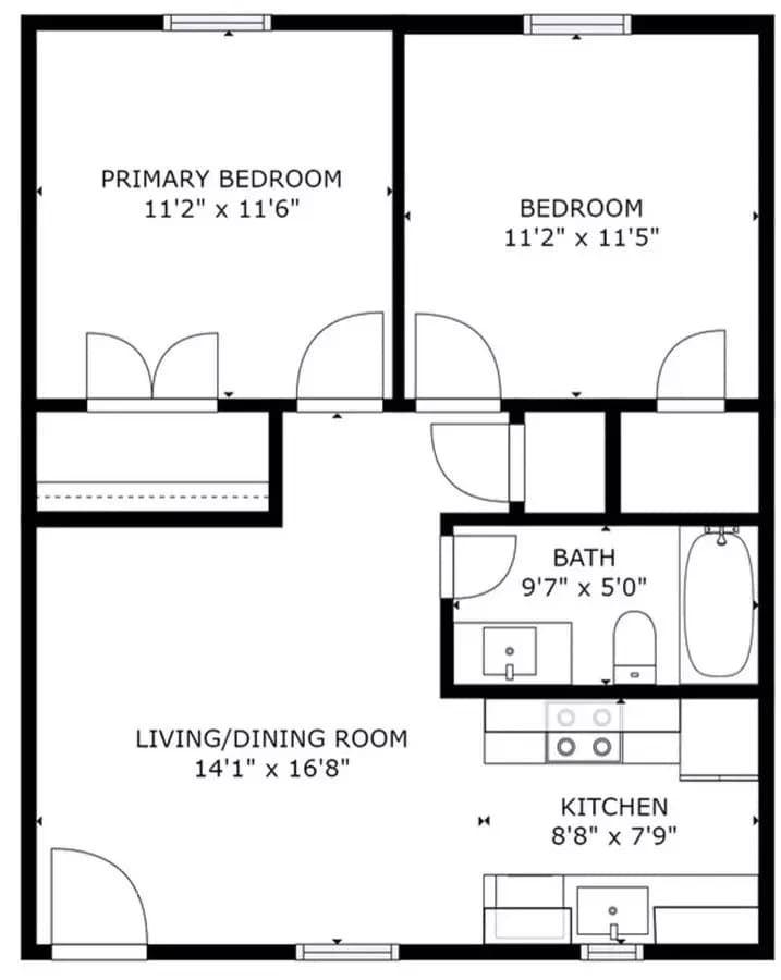 2 bed 1 bath floor plan
