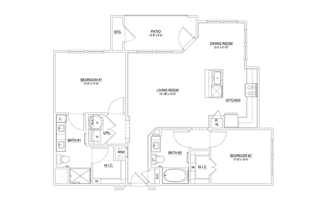 2 Beds • 2 Bath 1-1210 floor plan