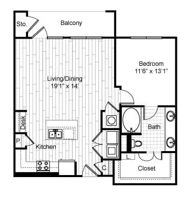 1 Bedroom 11G 368 floor plan