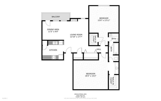 2 Beds • 1 Bath 137 floor plan