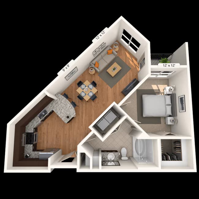 Traditional 1x1 731-851 SF 3102 floor plan