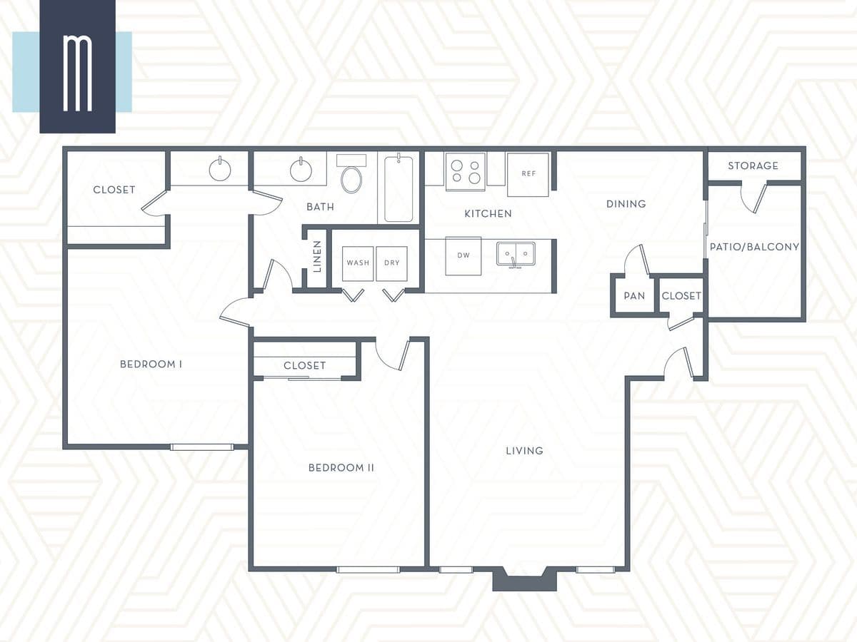 Two Bed One Bath 995 Sqft 1623-H floor plan