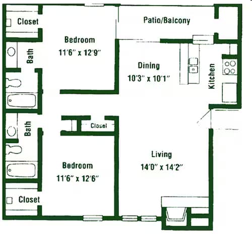 2 Beds • 1 Bath 2080 floor plan