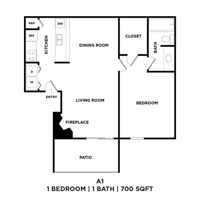One Bed One Bath 700 Sqft 320-214 floor plan