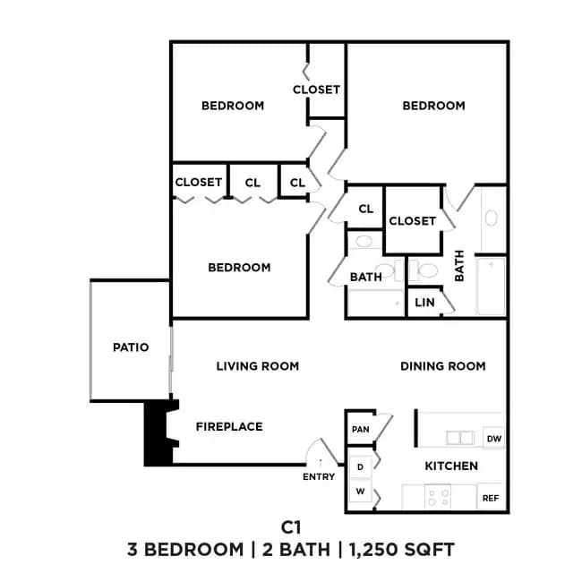 Three Bed Two Bath 1250 Sqft 314-104 floor plan