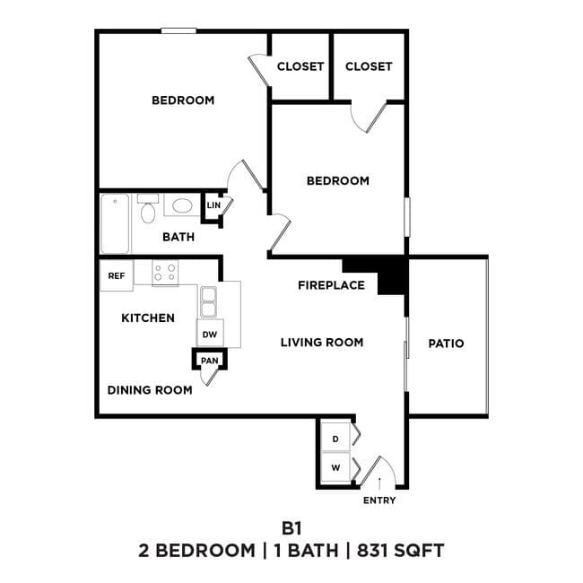 Two Bed One Bath 831 Sqft 302-208 floor plan