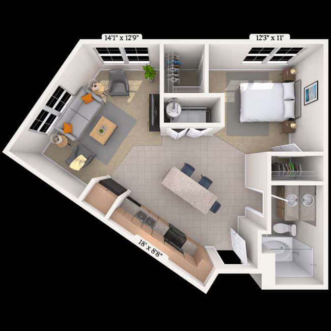 Studio 0x1 714 SF 1240 floor plan