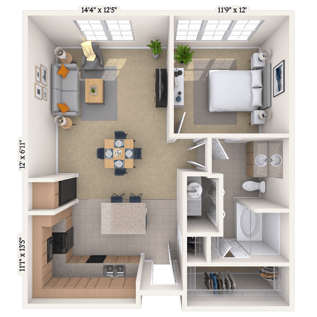 Traditional 1x1 720-1082 SF 1332 floor plan