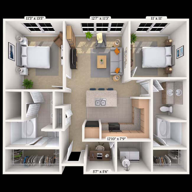 Traditional 2x2 1101-1164 SF 1345 floor plan
