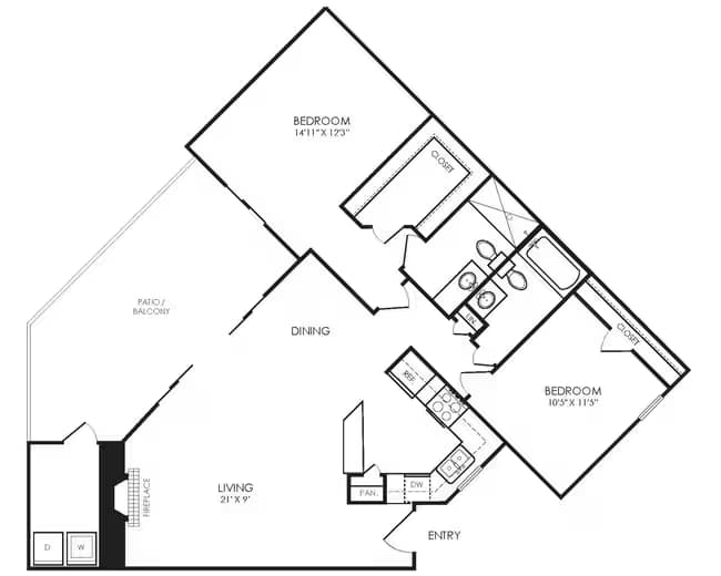 2 Bedroom, 2 Bath 916 floor plan
