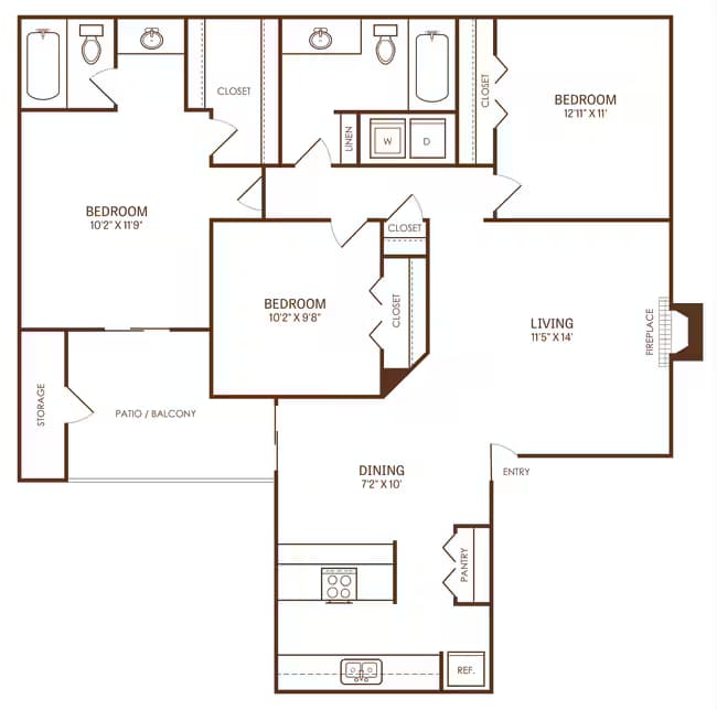 3 Bedroom, 2 Bath 12722 floor plan
