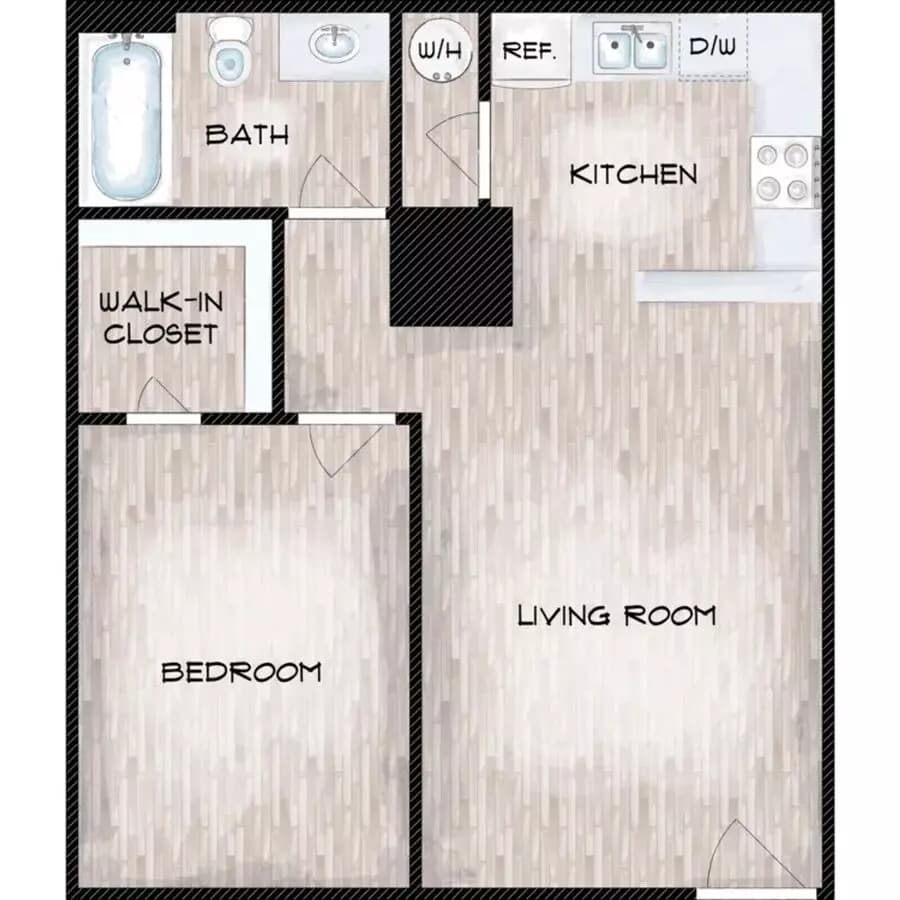 1x1 O 223 W/D floor plan