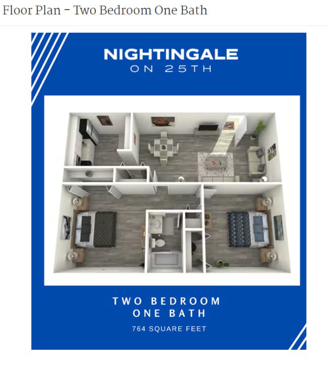 Two Bedroom One Bath H107 floor plan