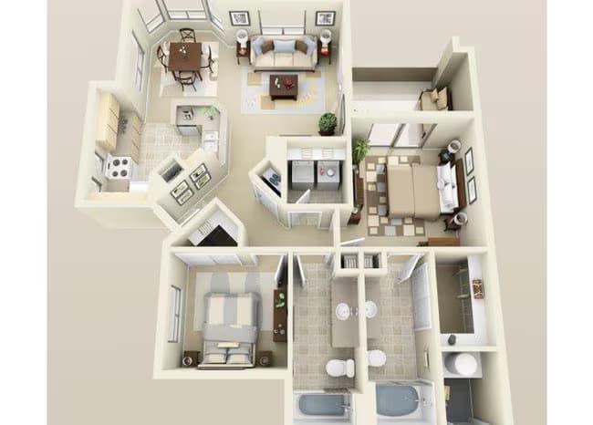 2 Beds • 2 Bath 2016 floor plan