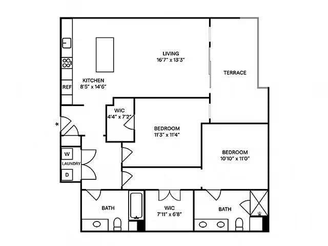 2 Beds • 2 Bath 1-412 floor plan