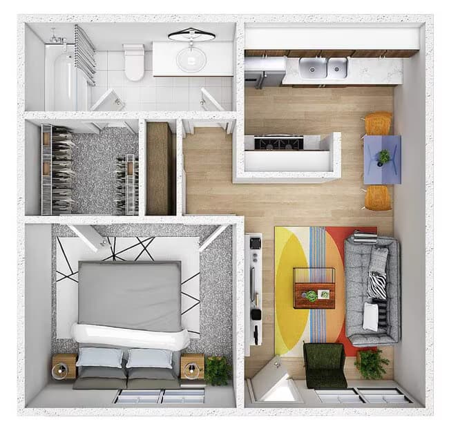 1 Bed 1 Bath with Balcony 203 floor plan