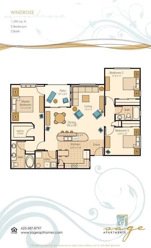3 Beds • 2 Bath 1069 floor plan
