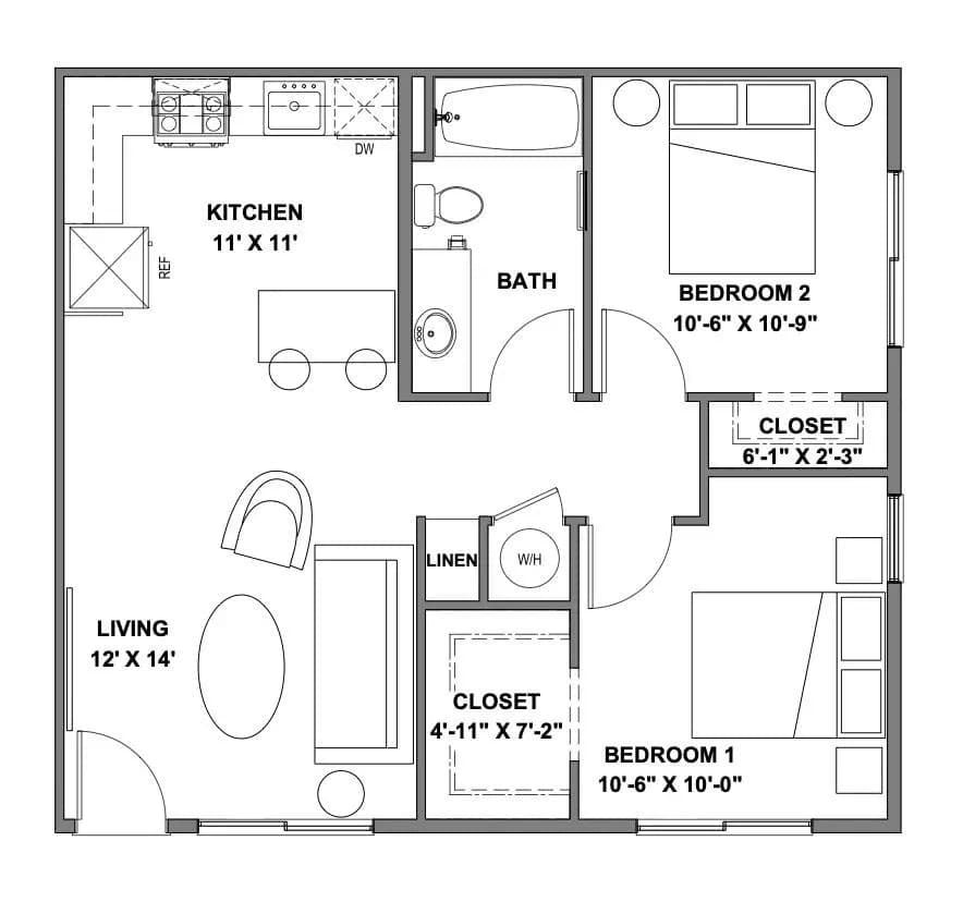 Two Bedroom One Bath 248 floor plan
