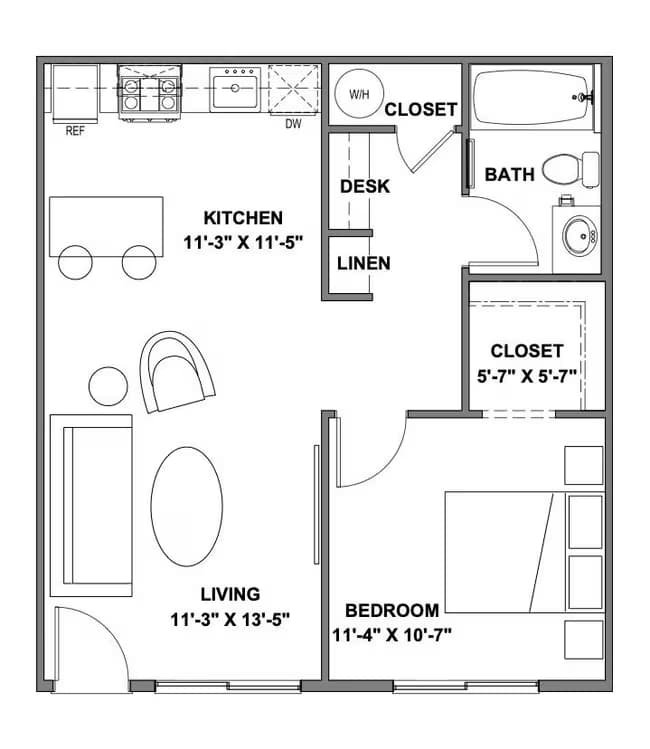 One Bedroom One Bath 225 floor plan